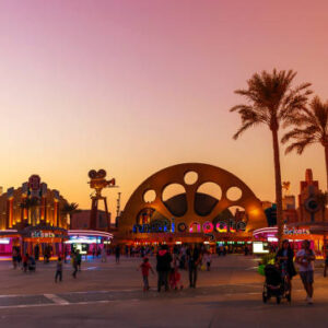 Motiongate Park at Dubai Parks and Resorts. Main gate. Dubai, United Arab Emirates. Sunset color toned image.