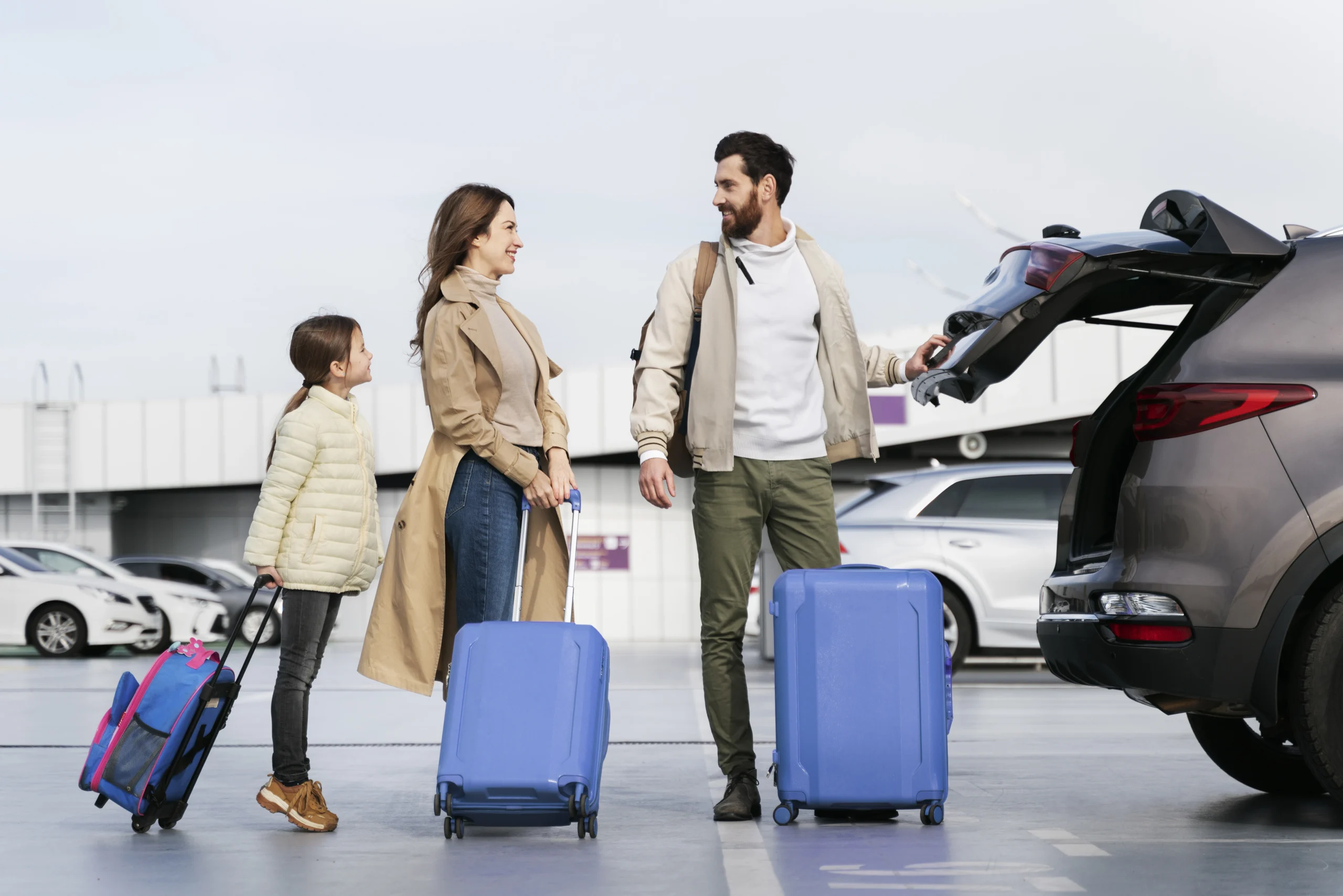 Family with luggage using a luxury Dubai airport to hotel transfer
